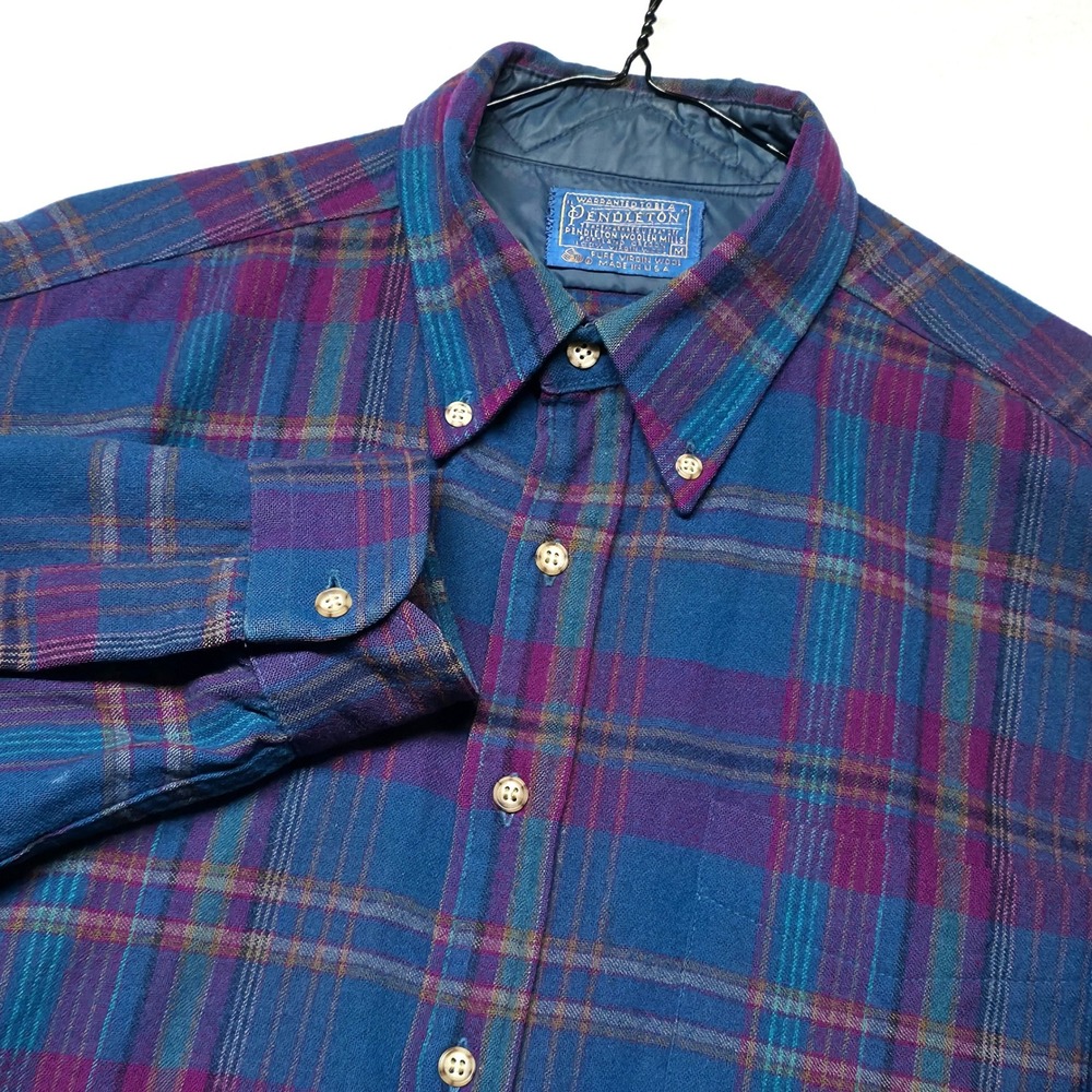 Pendleton Button Down Flannel Shirt Men's M Blue Purple Plaid 100% Virgin Wool